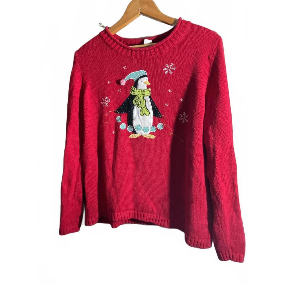 Cozy Red Penguin Holiday Sweater Large